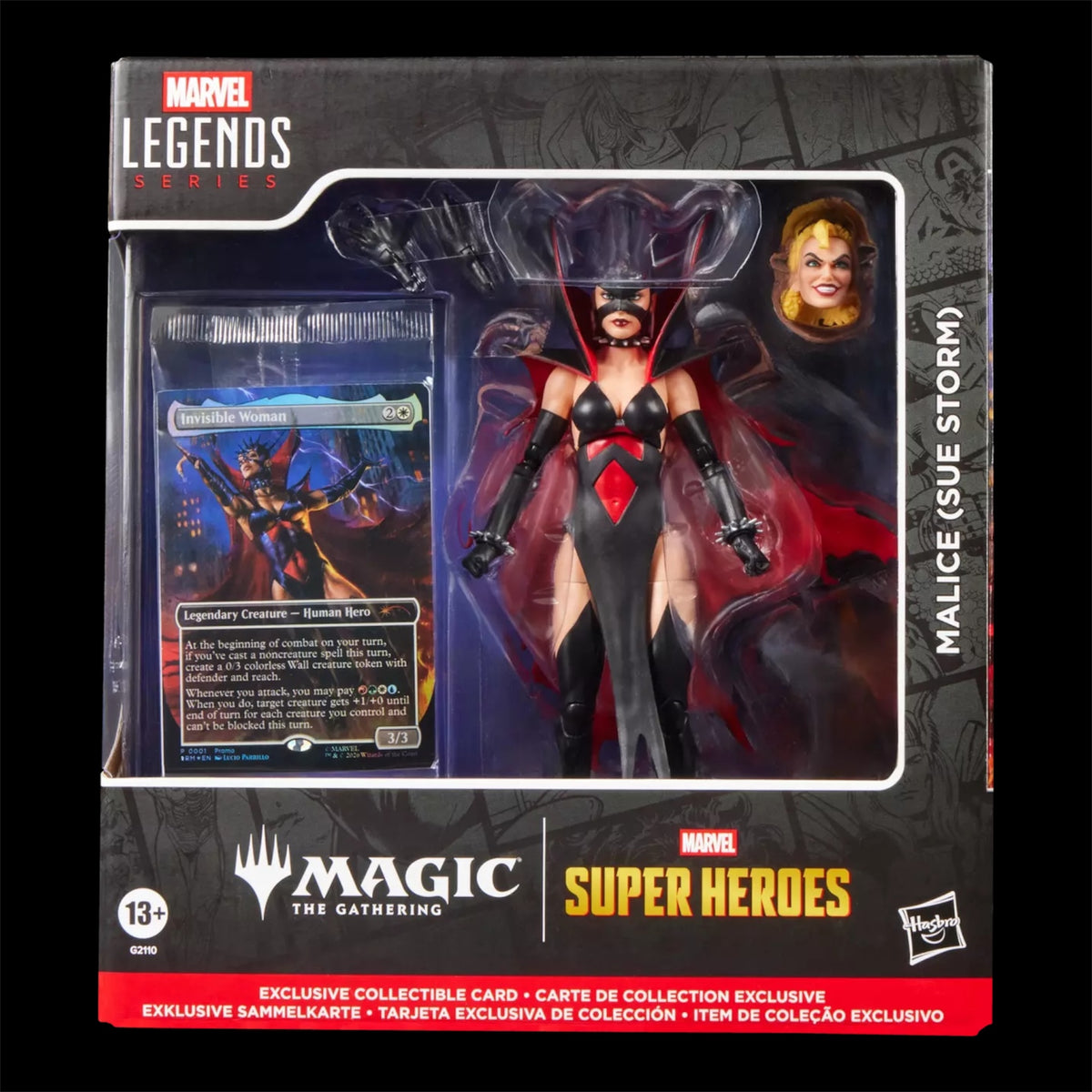Magic: The Gathering Super Heroes Marvel Legends Series Malice (Sue Storm) action figure in its original retail packaging, featuring the figure, an exclusive collectible card, and a character portrait insert.