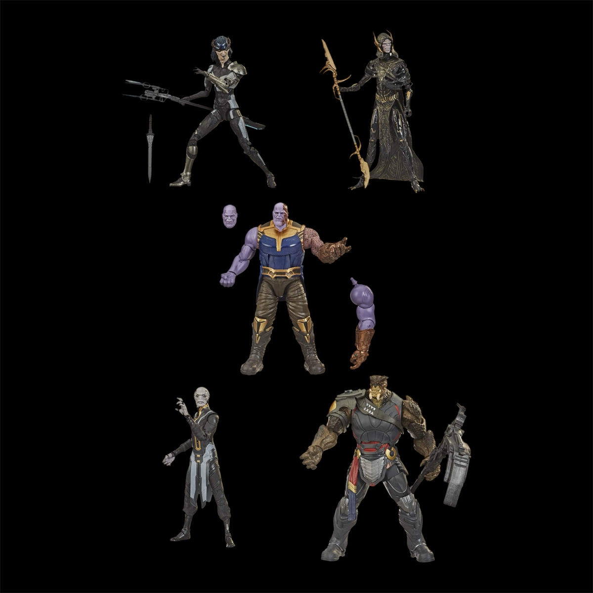 Six Marvel action figure collectibles arranged on a solid black background, including characters in dark costumes and armor with accessories like swords, spears, and alternate heads.