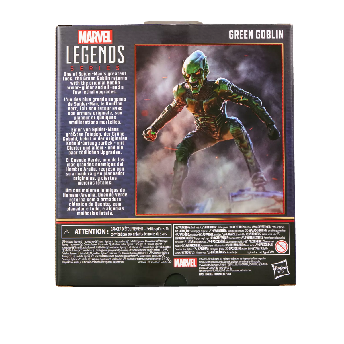 Back of a Marvel Legends Green Goblin action figure package, showing character artwork, product text, and warning labels on a black background.