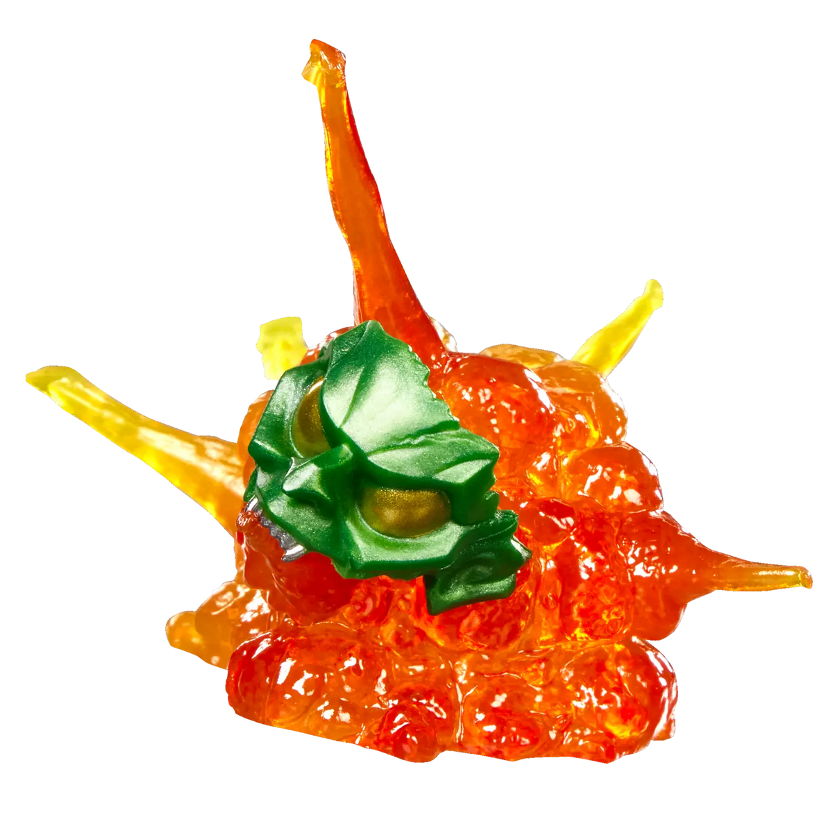 A translucent orange and red flame-shaped accessory with yellow tips and a green leaf-like top, isolated on a white background.
