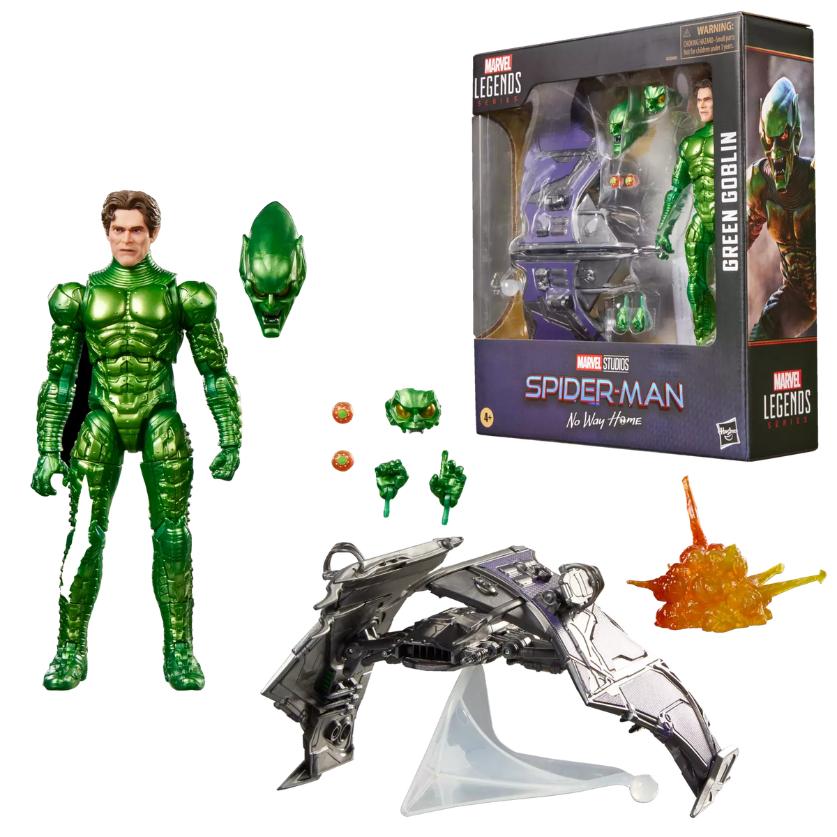 Marvel Legends Green Goblin action figure with accessories and packaging on a white background