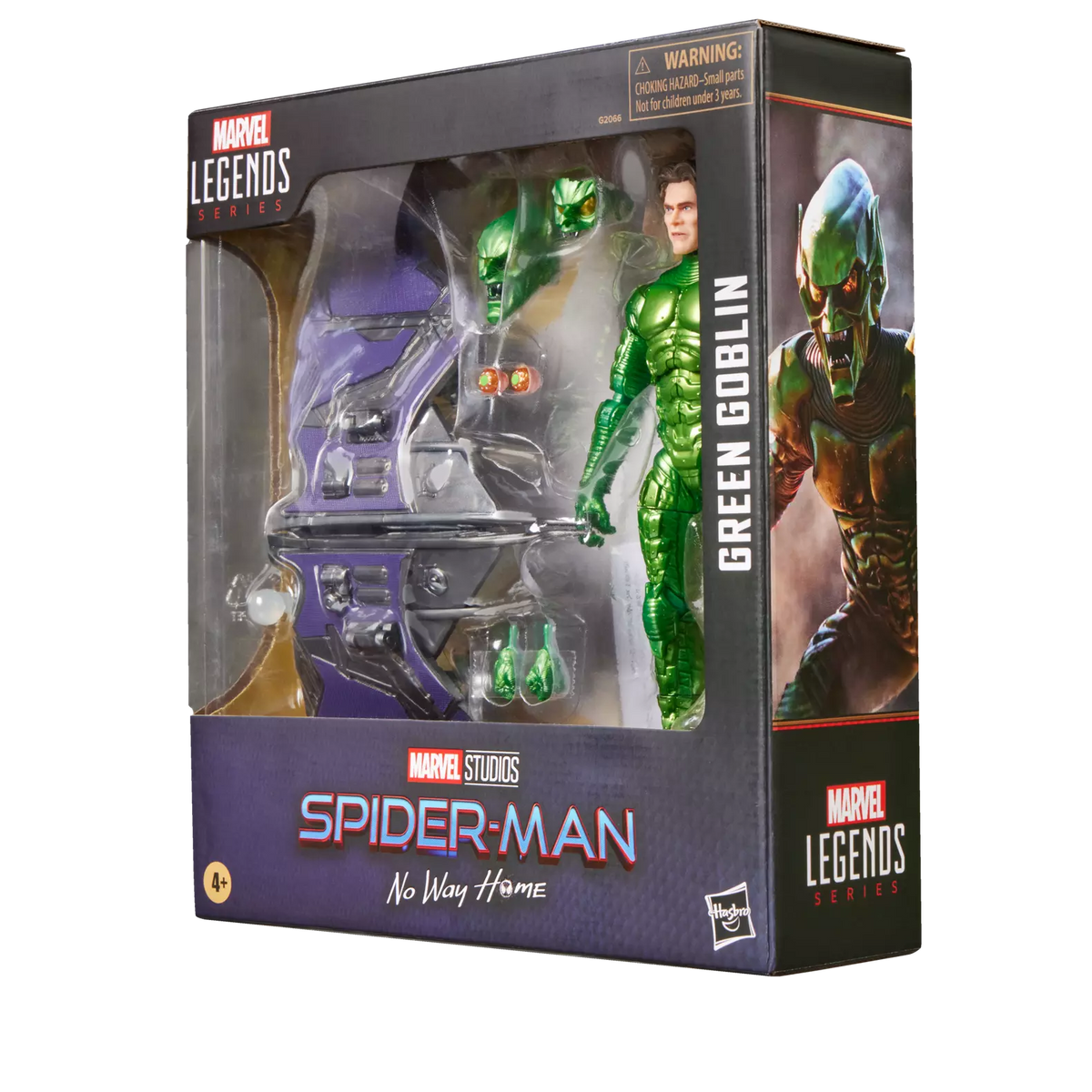 Marvel Legends Series Spider-Man No Way Home Green Goblin action figure in its original window box packaging, featuring a green metallic figure, a purple and silver vehicle, and accessories.