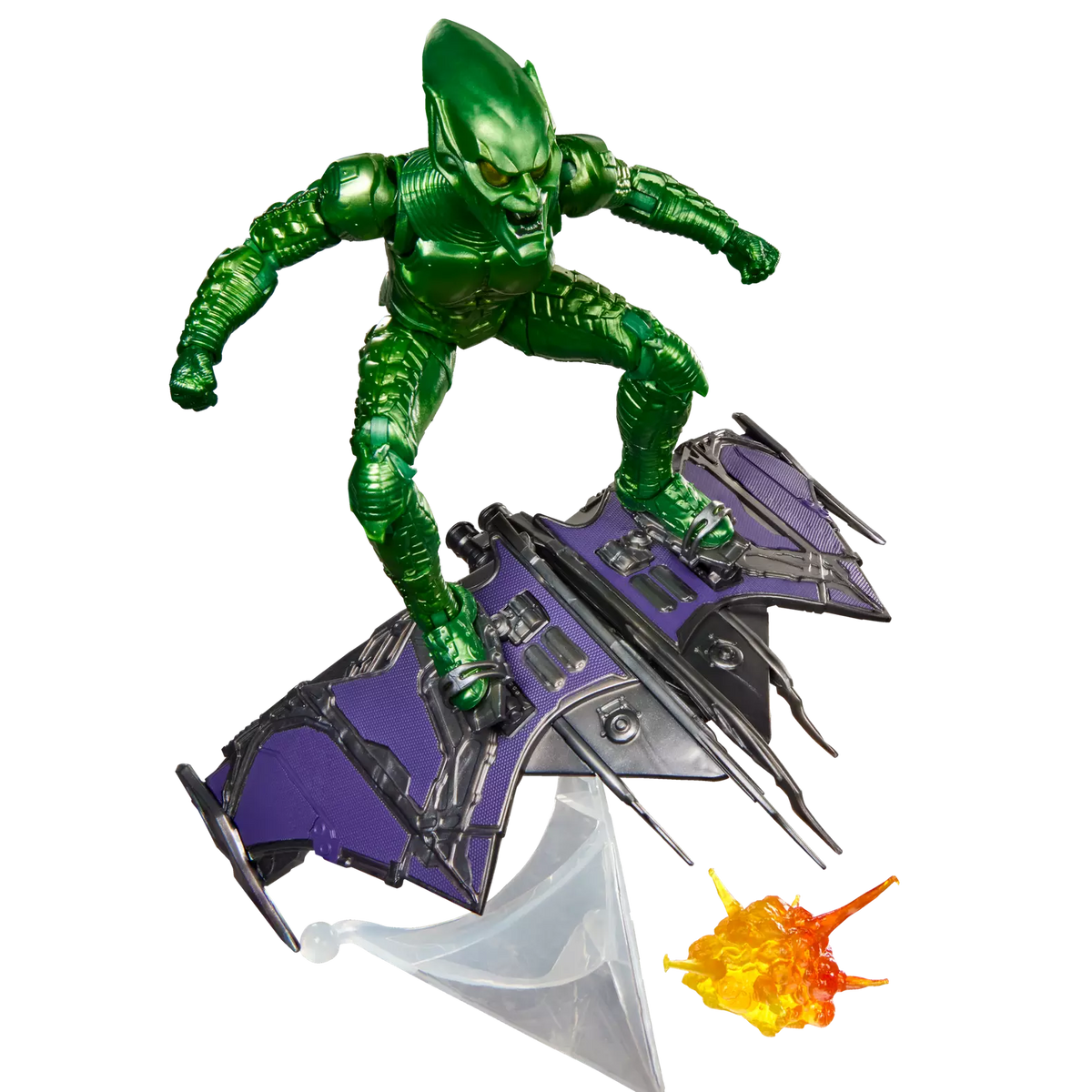 Green superhero figure on a purple and black vehicle with an explosion effect on a white background