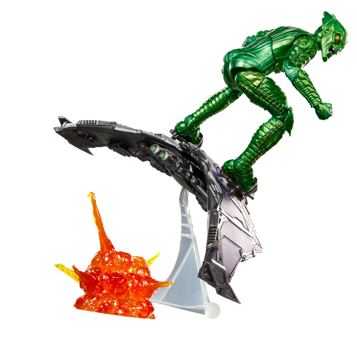 Green superhero figure on a black vehicle with an orange explosion effect on a white background