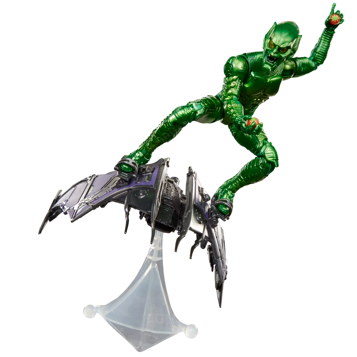 Green superhero figure with a silver vehicle on a black background
