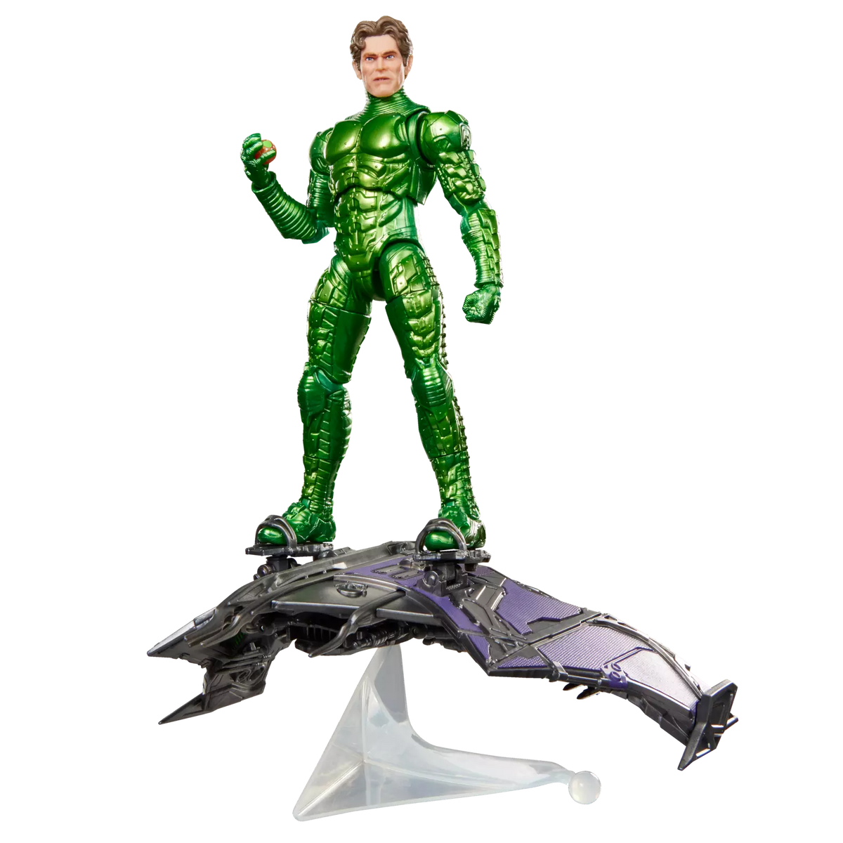 A green armored action figure of a muscular man standing on a black and purple wing-like base with a clear display stand, isolated on a white background.