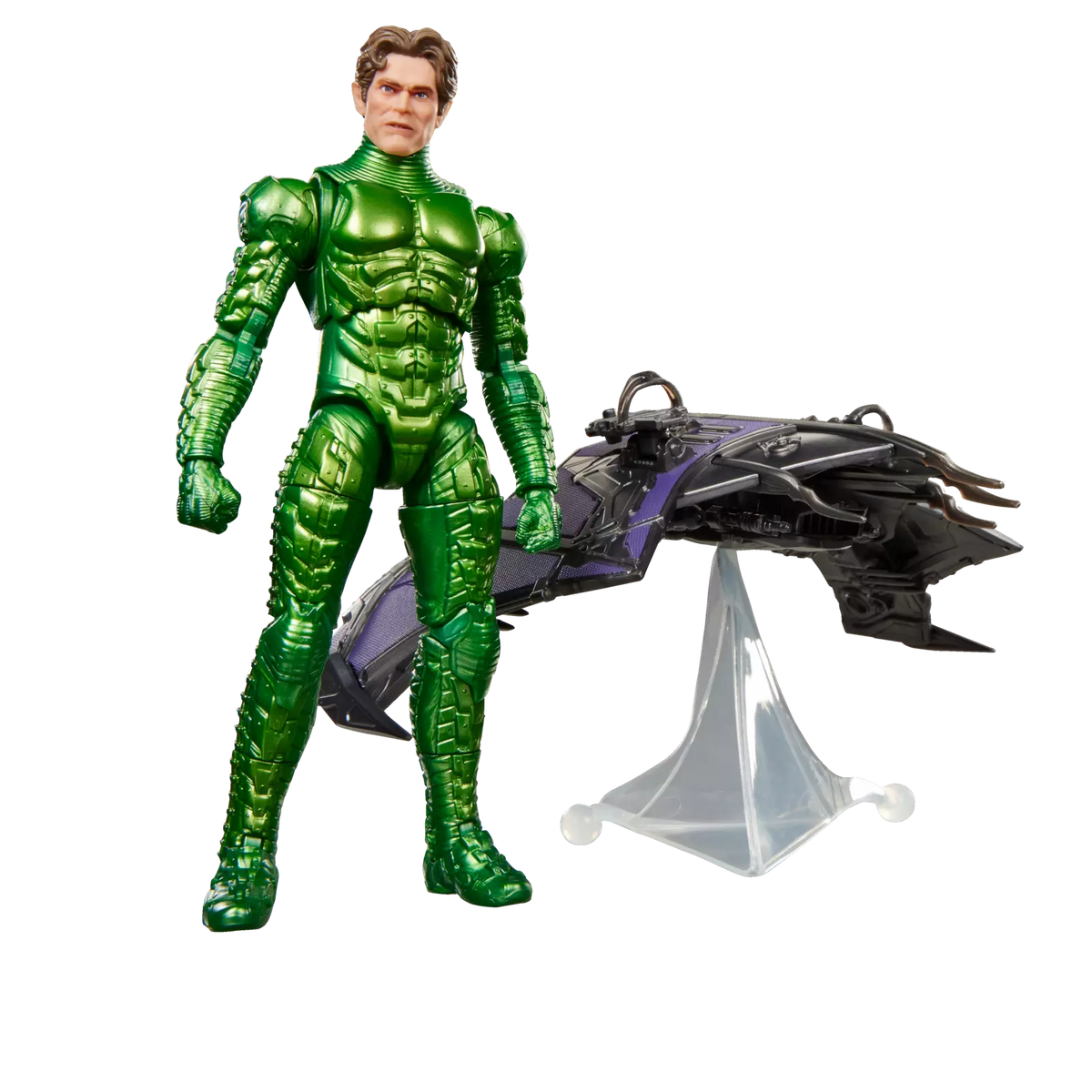 Green superhero figure with a vehicle on a white background