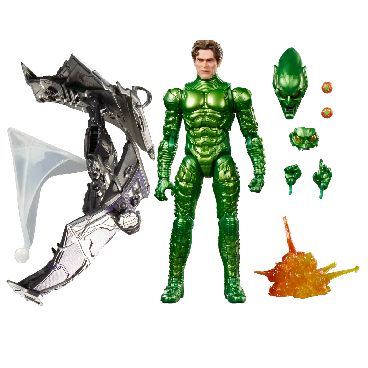 A metallic green action figure with multiple interchangeable hands, a silver sci-fi weapon accessory, and orange explosion pieces on a plain white background.