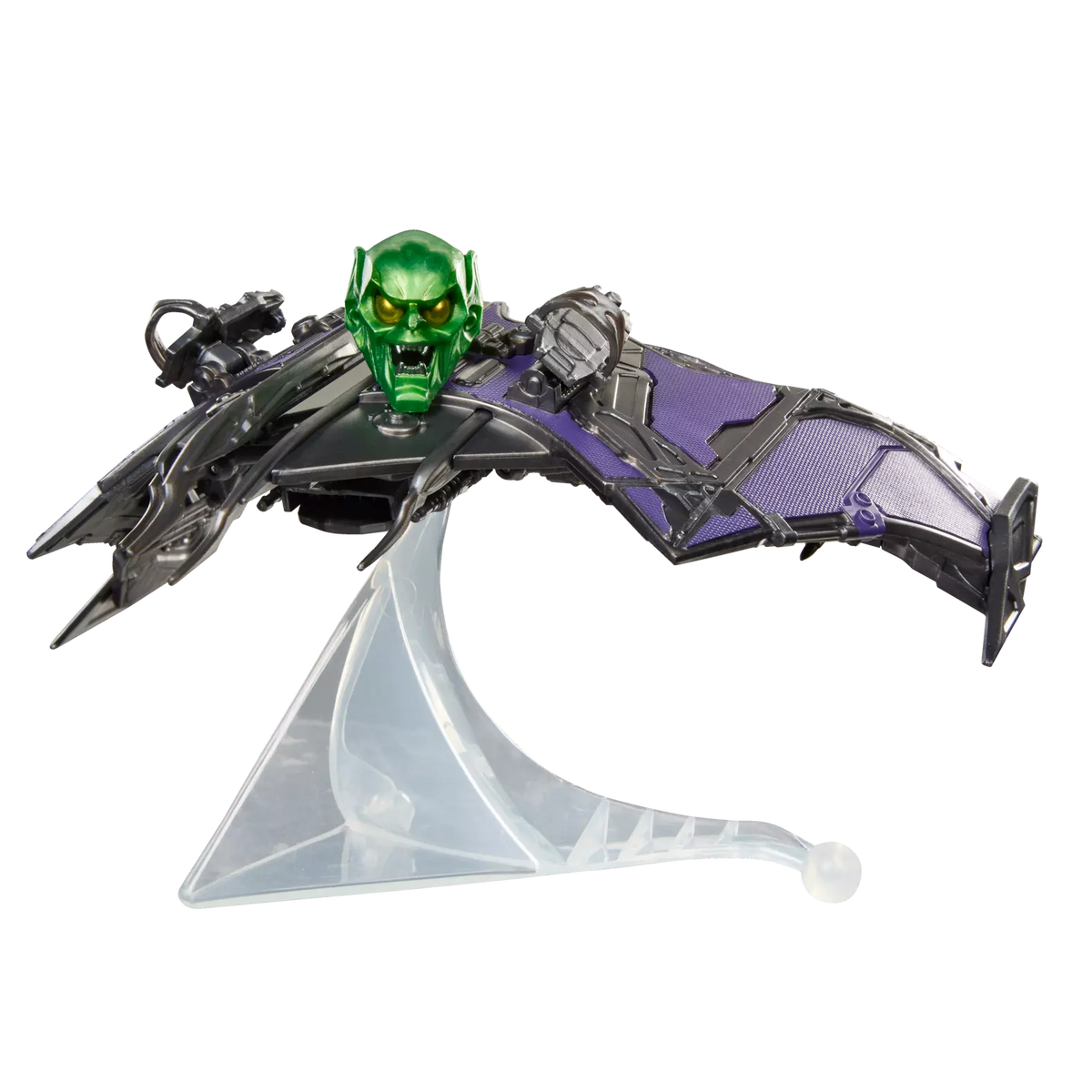 A Marvel The Amazing Spider-Man 2 Villain Collectibles figure of the Green Goblin on a clear plastic display stand, isolated on a white background.
