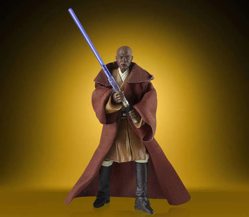 Mace Windu in a battle stance with purple lightsaber and Jedi cloak