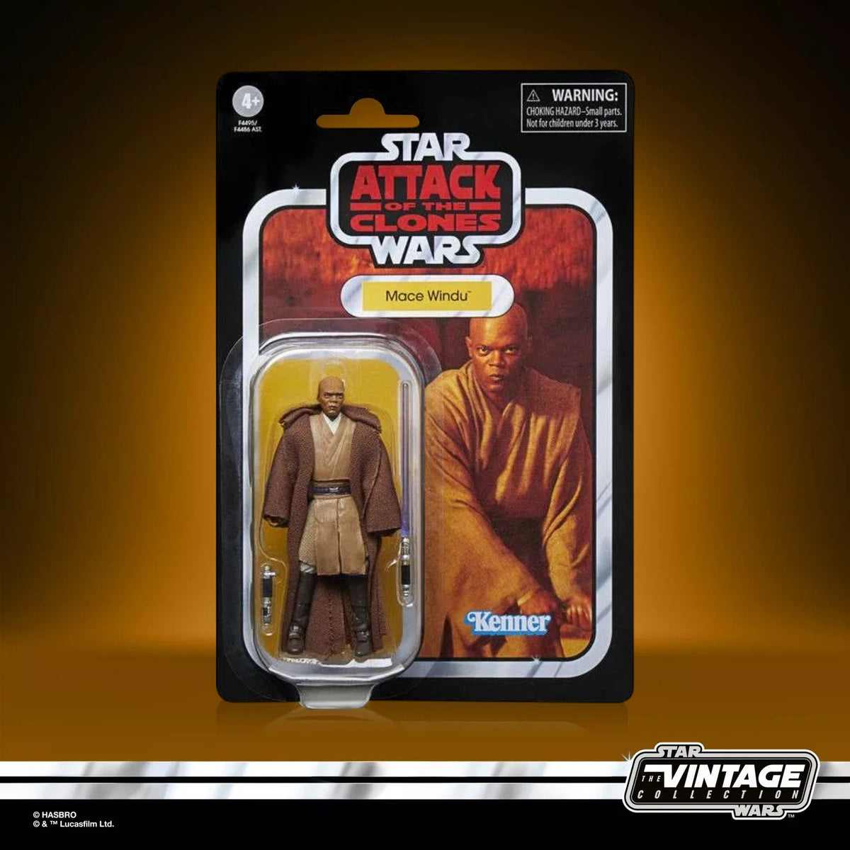 Star Wars The Clone Wars Mace Windu action figure in its original vintage-style blister card packaging, shown against a dark gradient background with a Star Wars Vintage Collection logo at the bottom right.